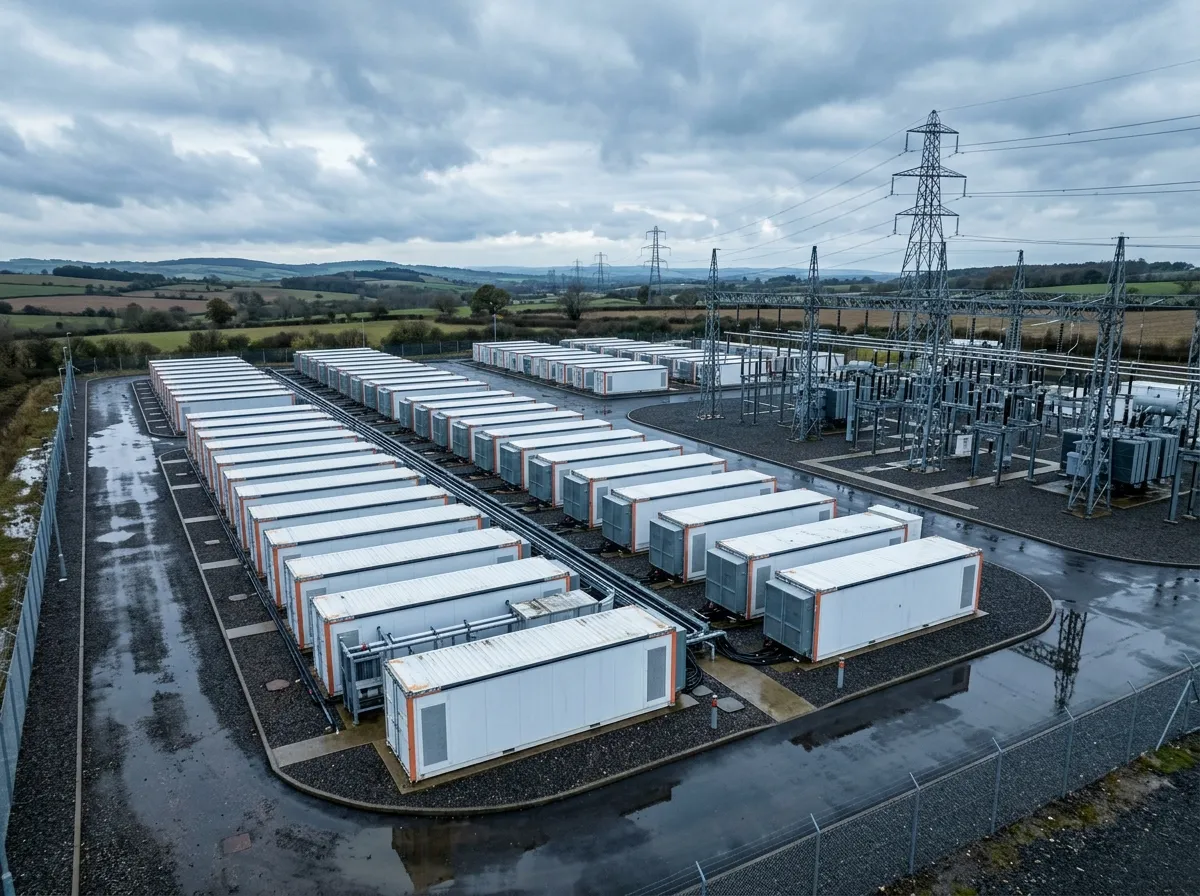 Grid-scale battery energy storage containers standing beside a UK high-voltage substation under an overcast sky