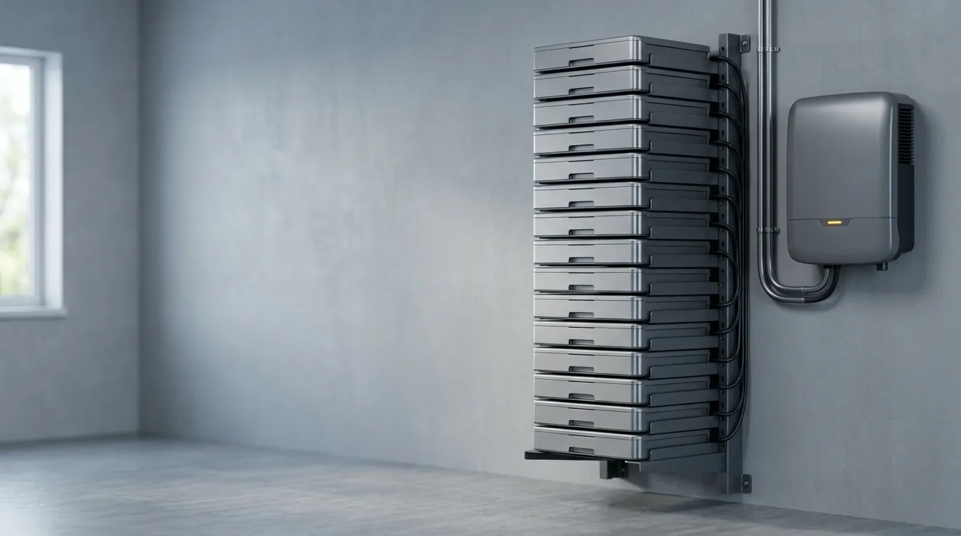 Tall stackable high-voltage battery modules on a wall rack in a clean home utility room, with a hybrid inverter mounted alongside