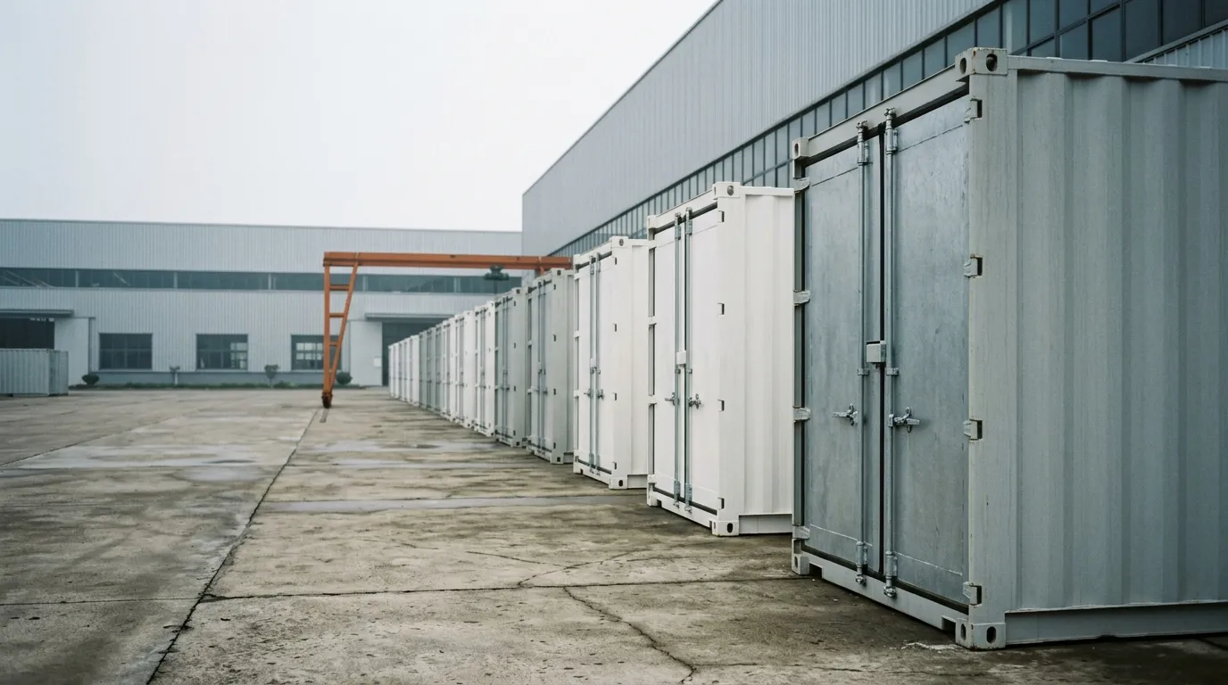 Photorealistic rows of white battery energy storage containers on a factory yard, waiting for dispatch to an overseas project site