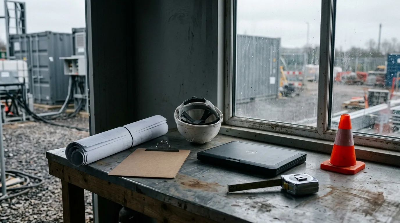 Rolled drawings, a blank clipboard, a hard hat and a laptop on a cold grey site workbench beside a battery storage yard