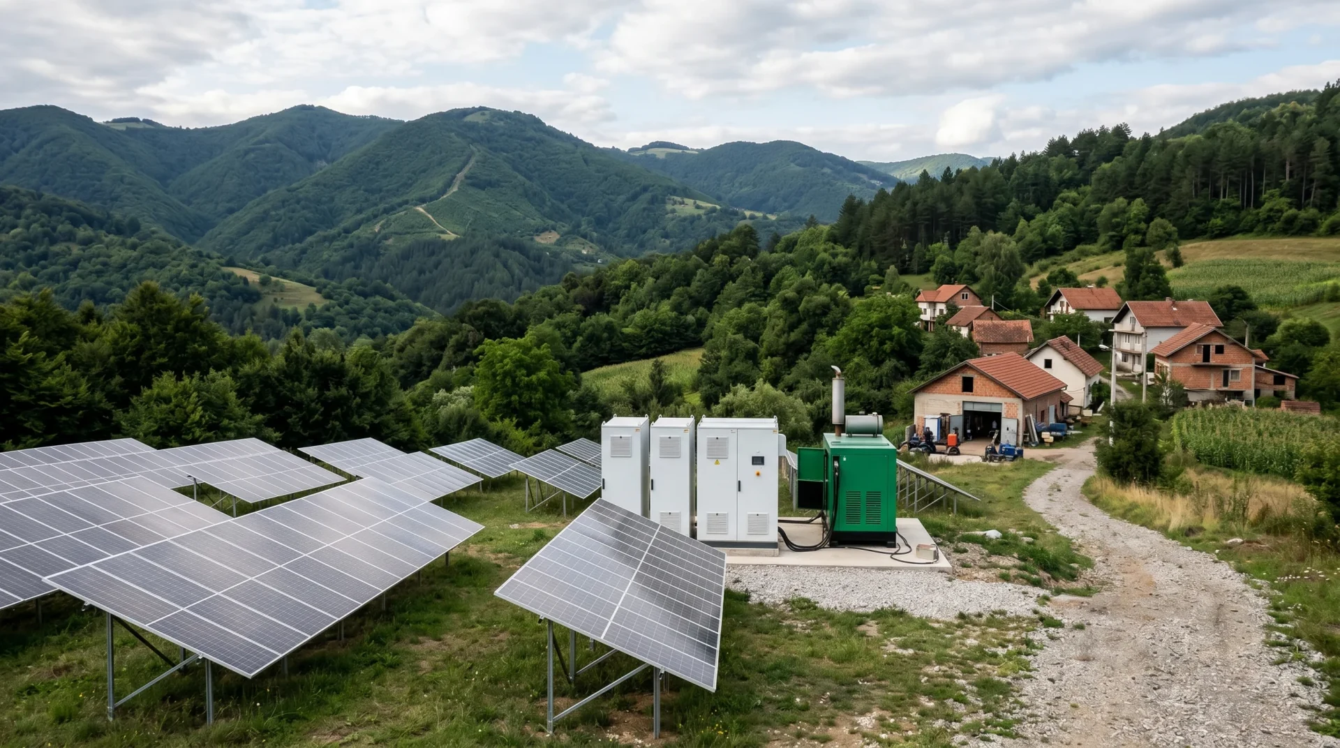 Battery storage cabinets and a ground-mounted solar array sharing one site, the layout a retrofit has to work with