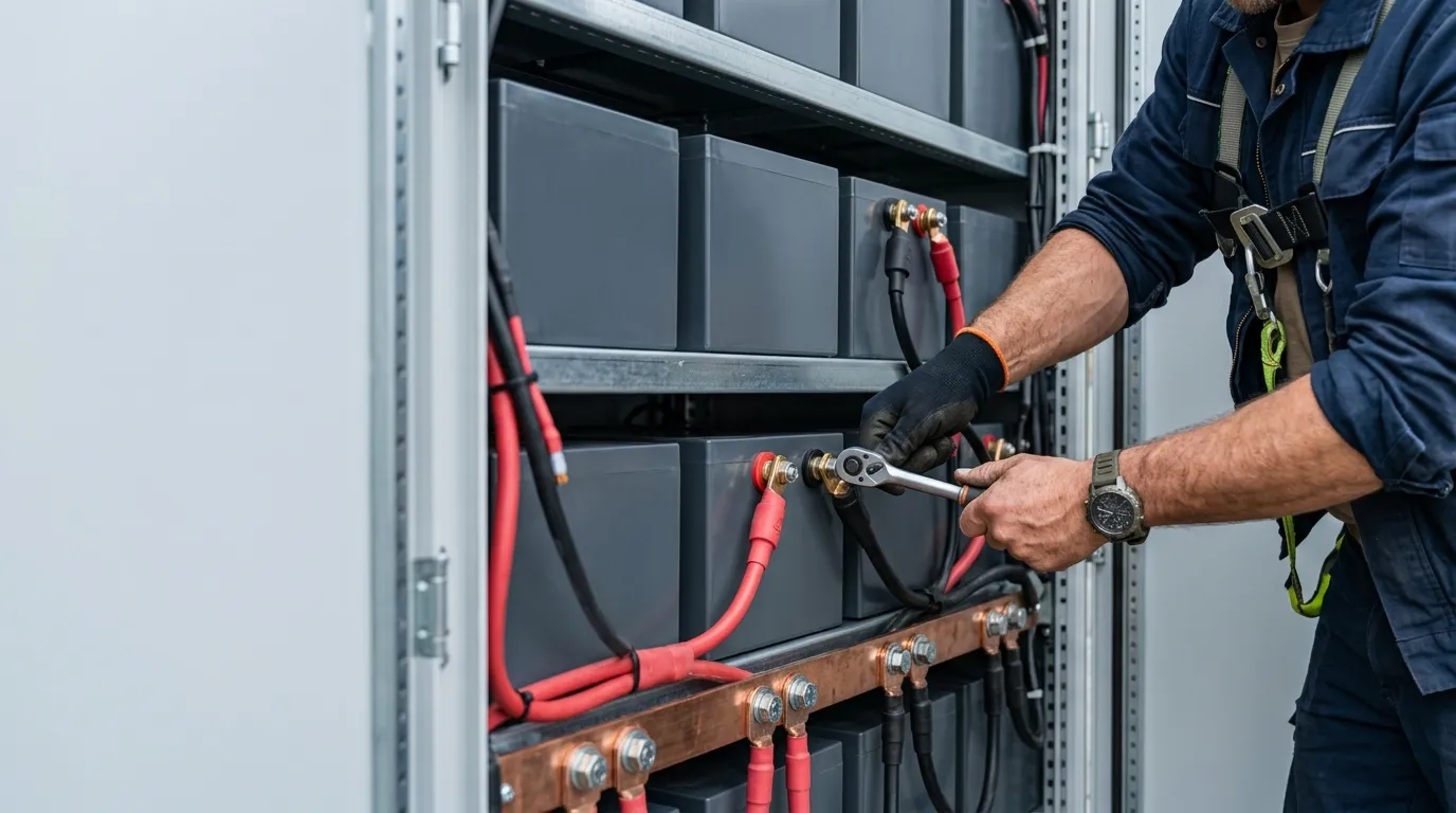 An engineer wiring LiFePO4 battery modules inside an energy storage cabinet, with series jumpers and parallel busbars visible