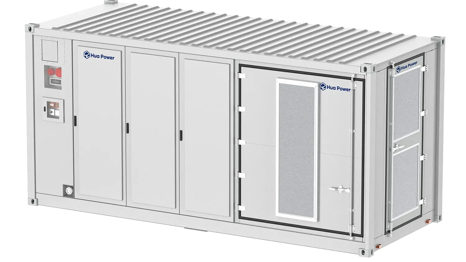 A Hua Power containerised battery storage unit with a louvred roof, access doors and an integrated control panel