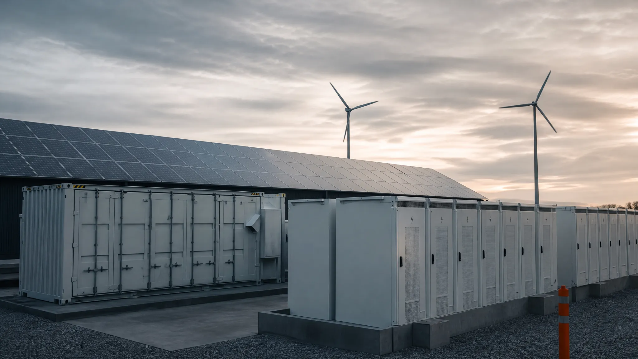 Photorealistic wide view of a hybrid microgrid combining rooftop solar, a containerized battery storage unit and wind turbines behind a commercial campus at dusk