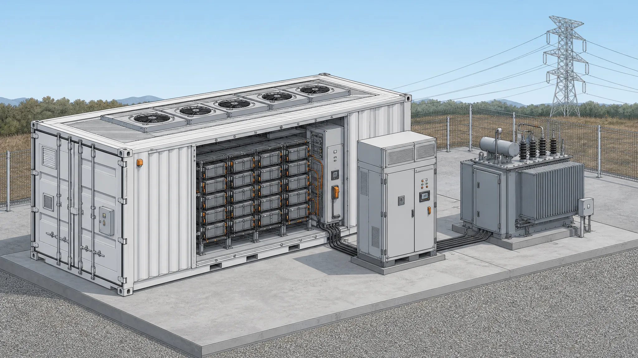 Isometric cutaway of a 20-foot containerized grid-scale battery system with power conversion and medium-voltage equipment