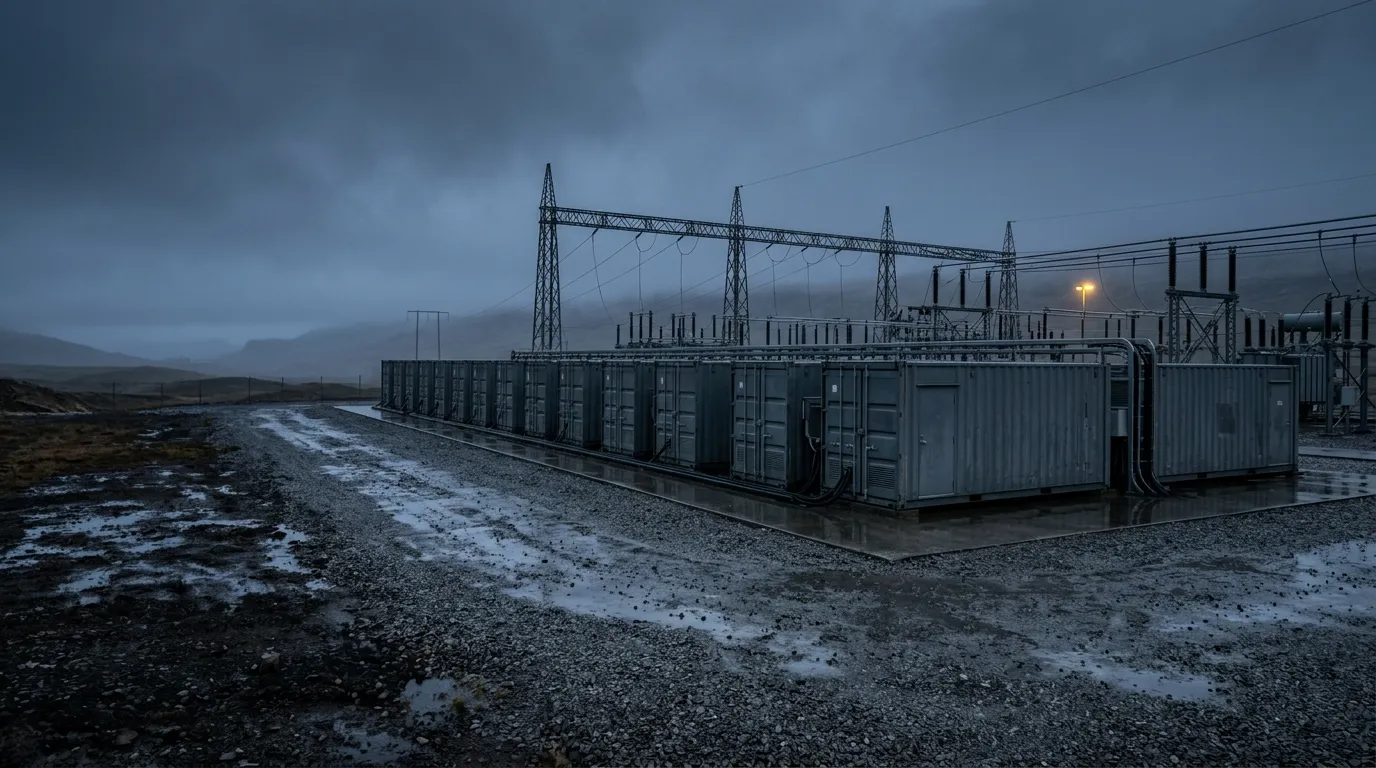 Grid-scale battery storage containers beside a high-voltage substation at blue hour, assets carrying a stacked frequency regulation position