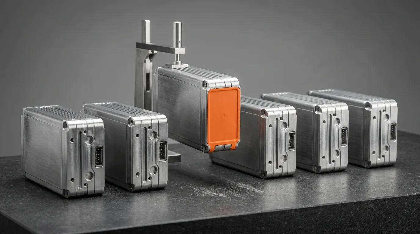 Identical machined battery module housings on an inspection bench, one lifted clear for verification
