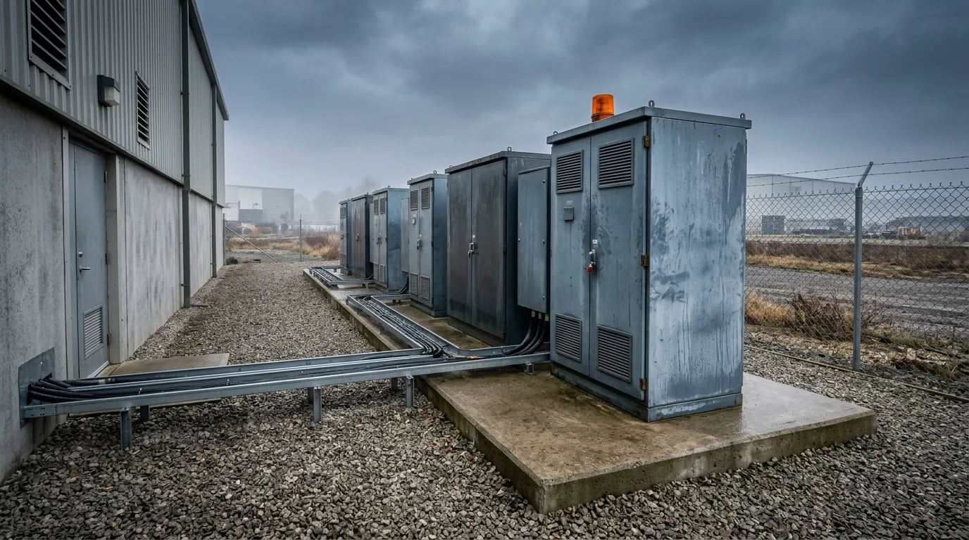 Outdoor commercial battery storage cabinets spaced clear of an industrial building wall
