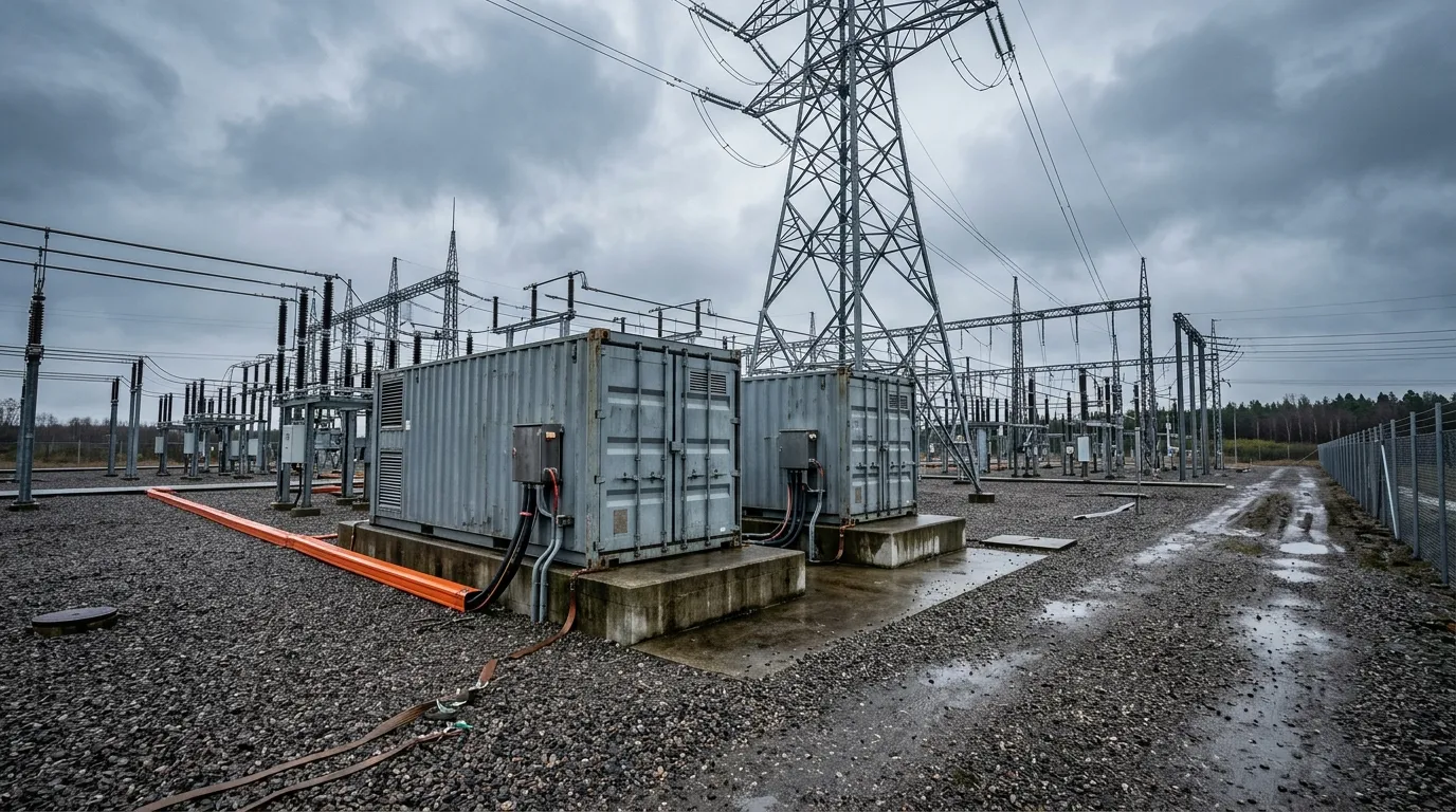 Grid-scale battery storage containers at an EU substation, illustrating what a frequency regulation RFP actually procures