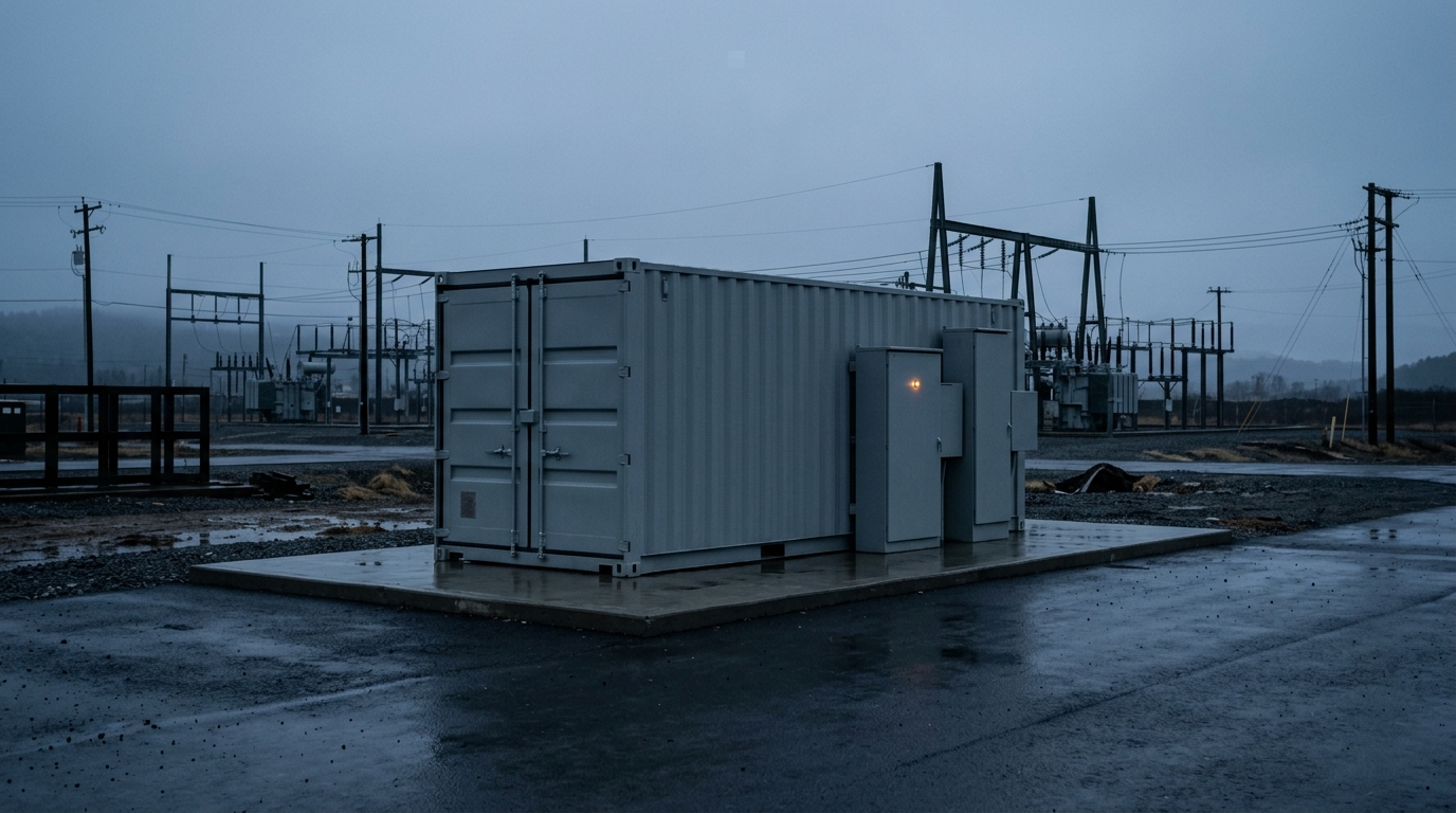 Photorealistic view of a containerized battery storage system and its power conversion equipment standing ready on a de-energized microgrid site at dawn