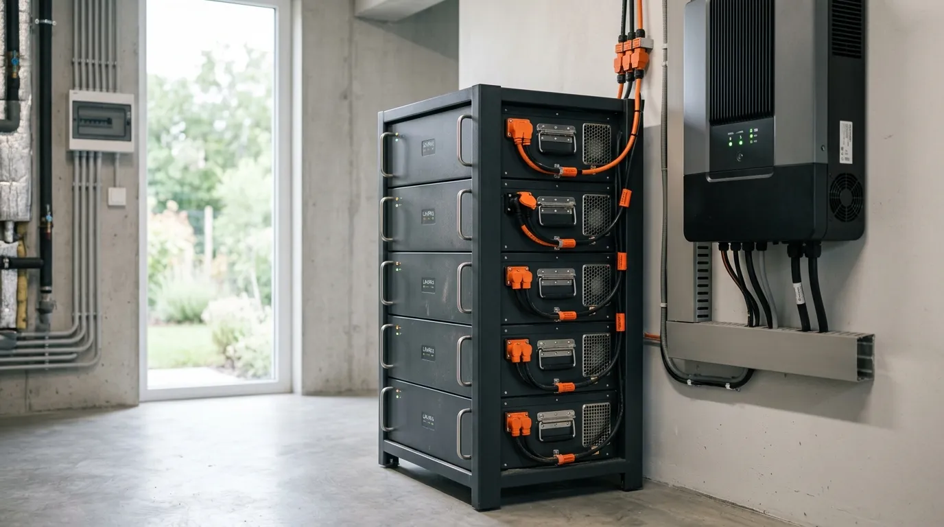High-voltage stackable home battery modules installed in a modern residential utility room